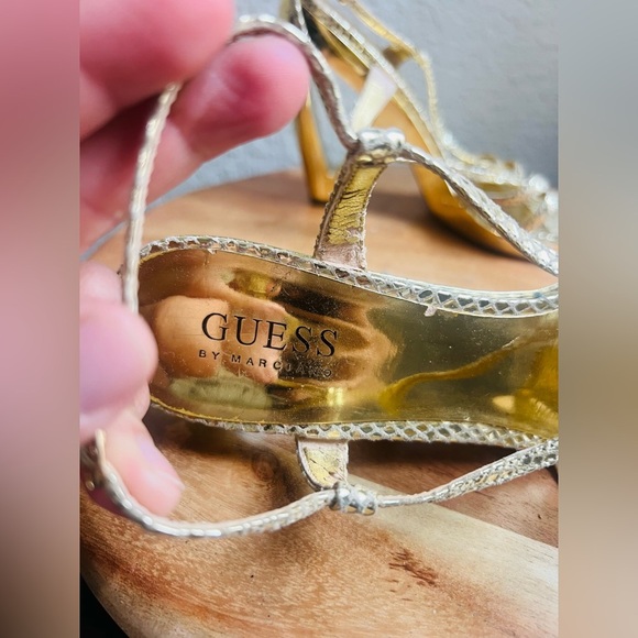 GUESS BY MARCIANO GOLD SNAKESKIN HIGH HEEL SANDALS. ARCHITECTURAL HEEL size 5.5 - Picture 3 of 10